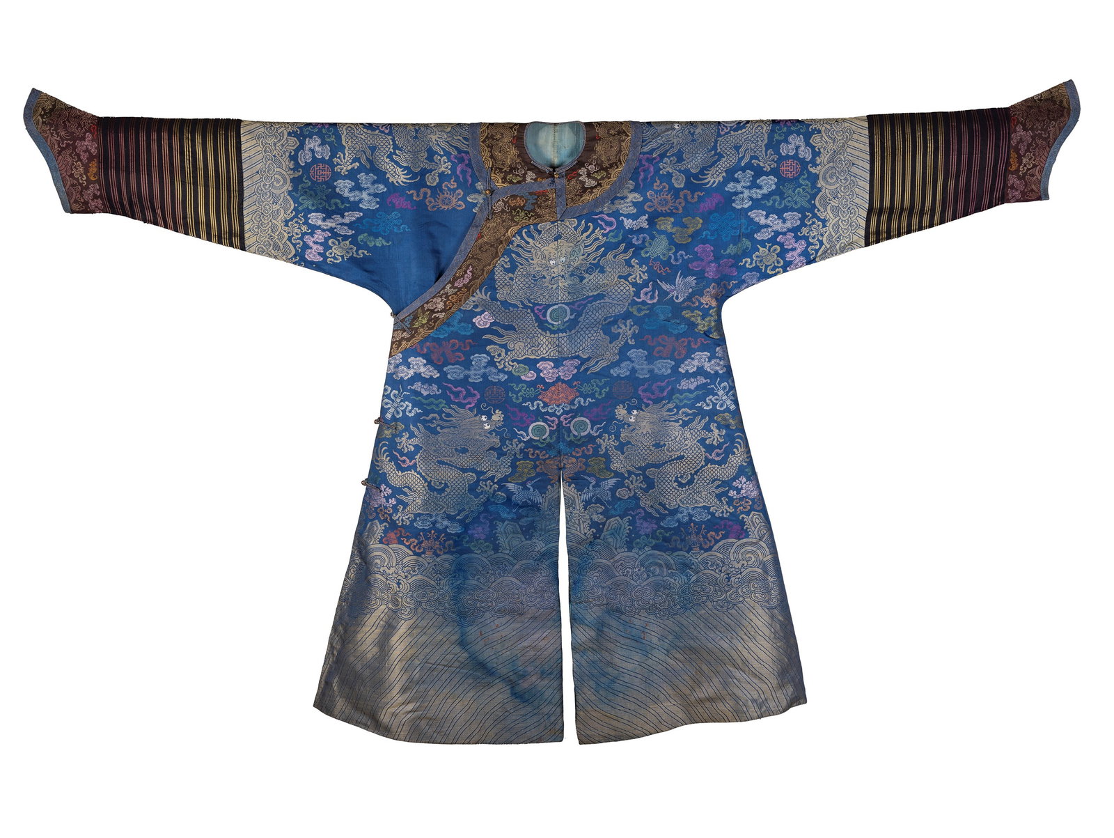 A BLUE-GROUND SILK BROCADE 'DRAGON' ROBE , China, Qing dynasty, late 19th century (1 of 11)