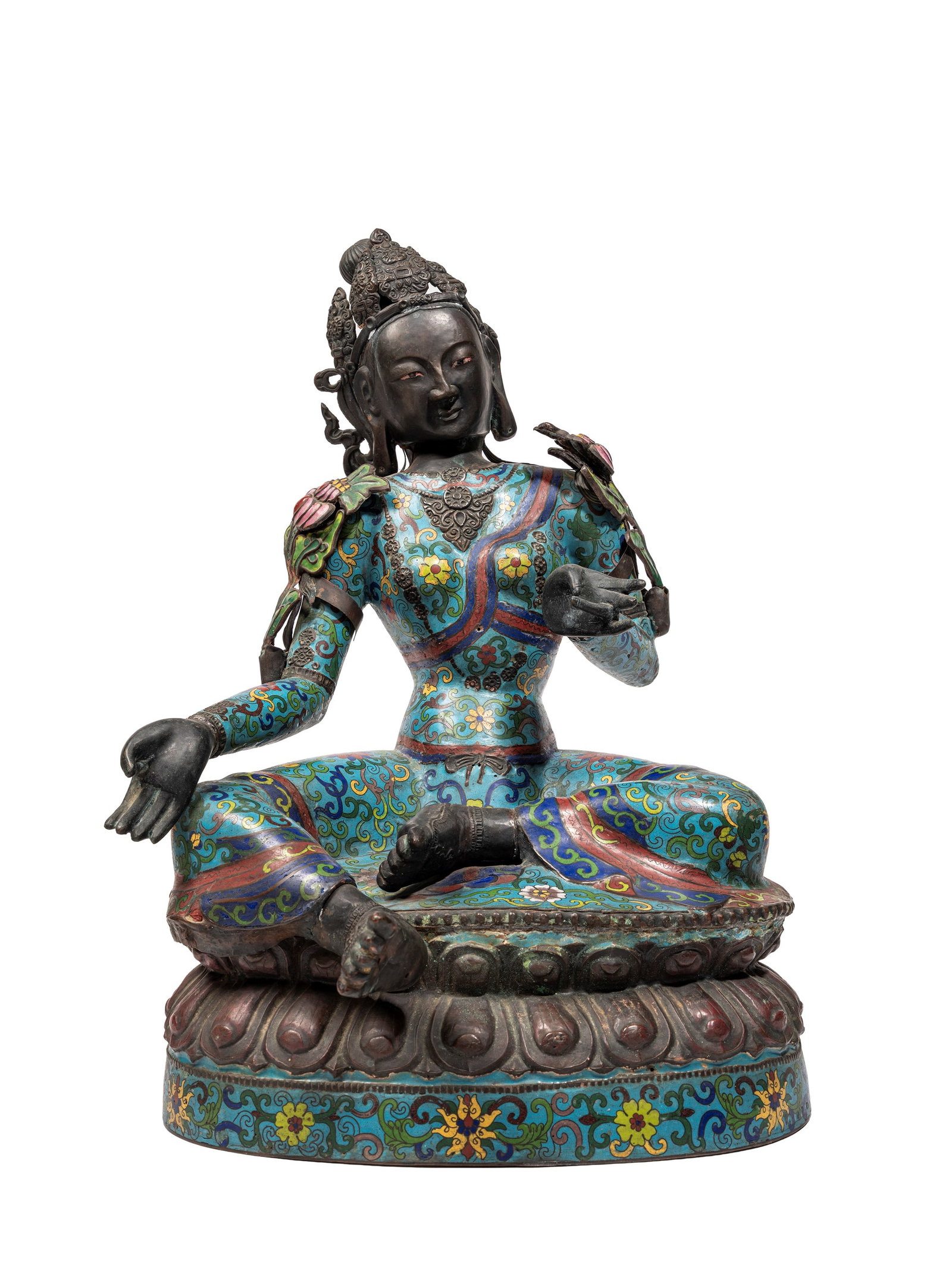 A CLOISONNÉ FIGURE, China, 20th century: h cm 59 Depicting a seated bodhisattva.20世纪 铜胎景泰蓝绿度母造像