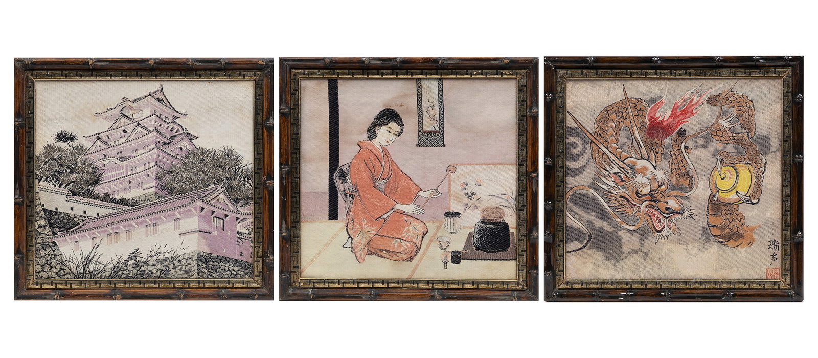 THREE EMBROIDERIES ON SILK, Japan, 20th century (1 of 4)