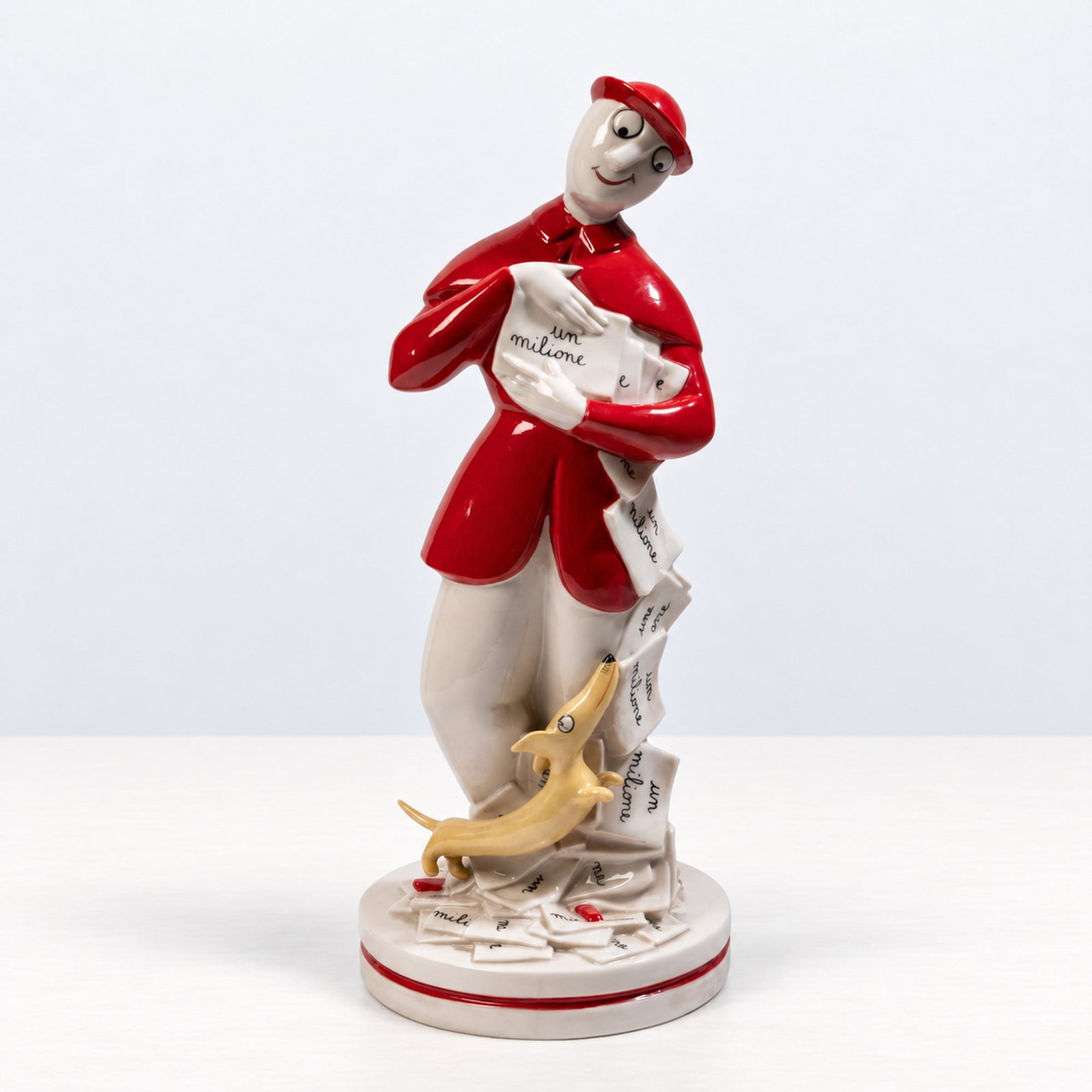 Luigi Fabris (Bassano del Grappa 1883 - 1952), IL SIGNOR BONAVENTURA, circa 1960s: h cm 31 Polychrome glazed ceramic depicting the celebrated character created by Sergio Tofano. Signed L. Fabris and model number 189 on the underside. Produced by Fabris, Italy.