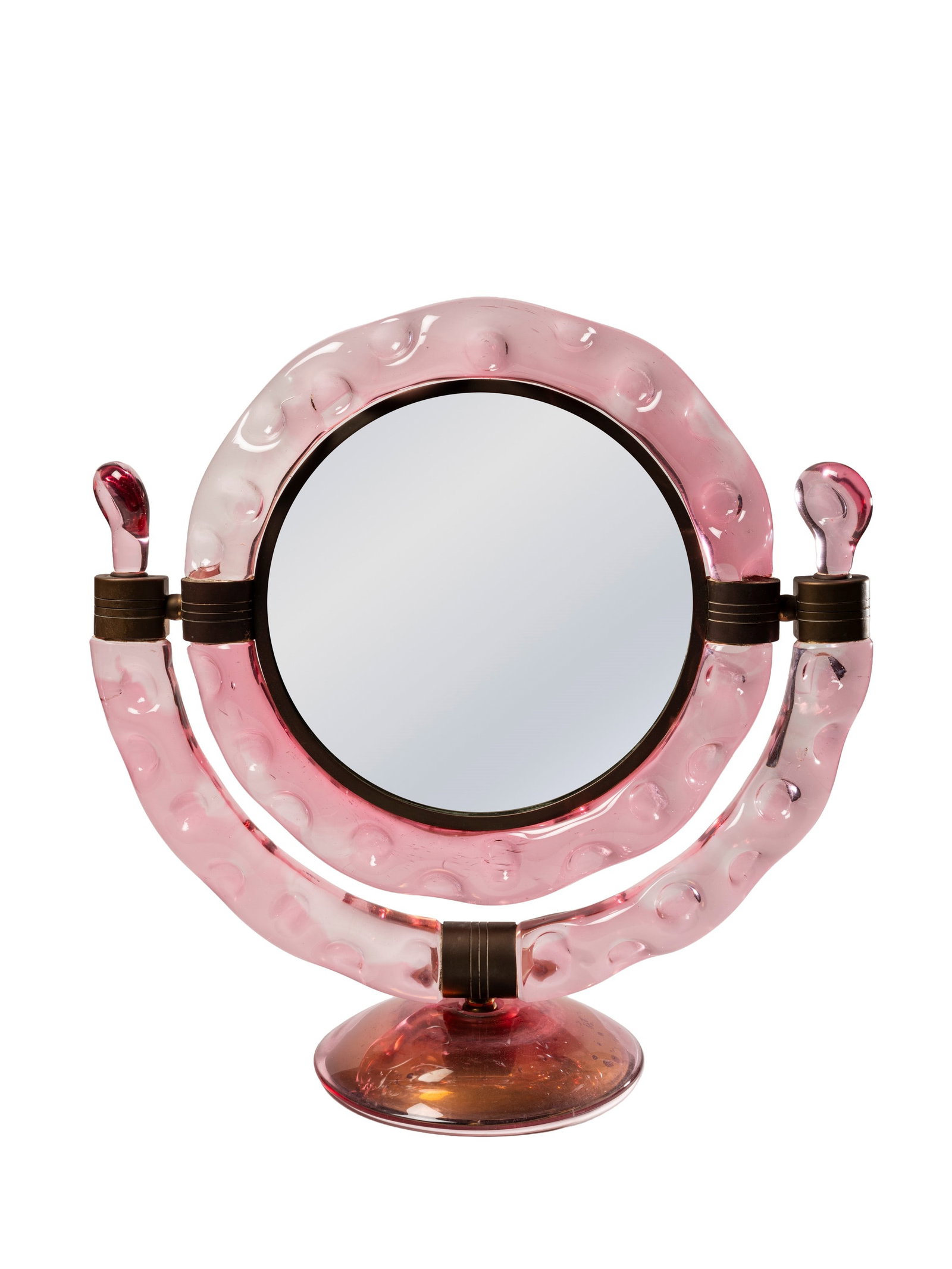 Murano, LARGE TABLE MIRROR, circa 1940s: h cm 54 x d cm 51 Pink glass with a tilting brass frame. Made in Italy.