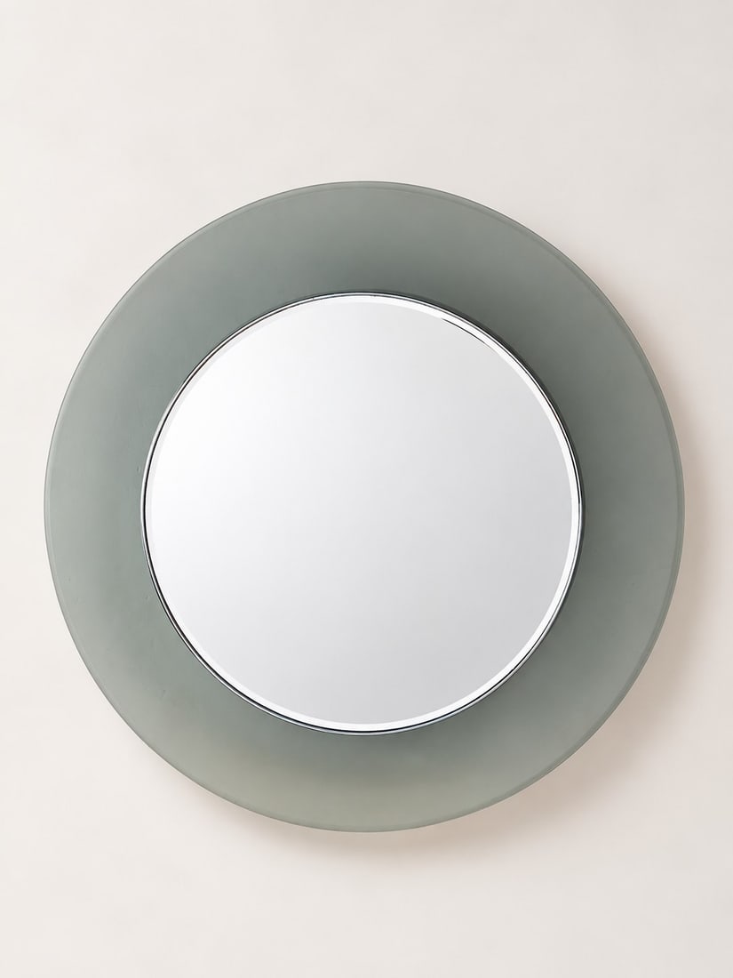 Max Ingrand (Bressuire 1908 - 1969), MIRROR, MODEL 1669, circa 1960s: d cm 71 Smoked, curved and ground glass frame with chromed metal border. Produced by Fontana Arte, Italy.