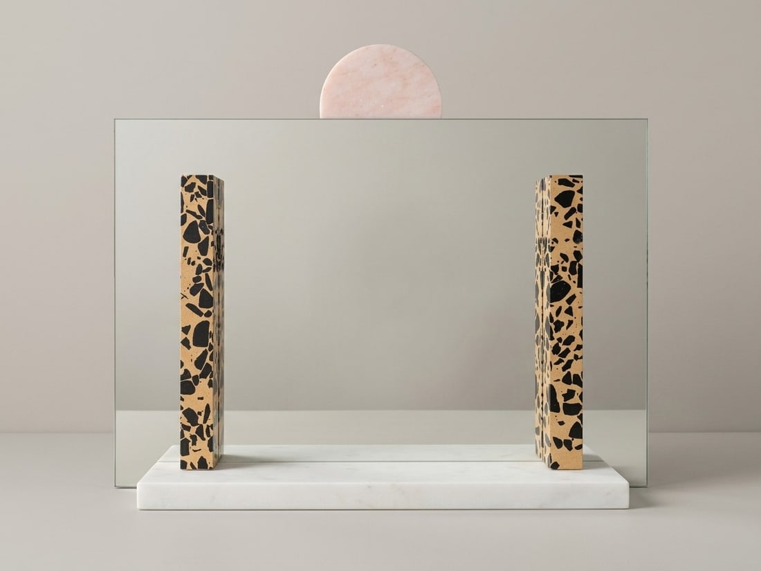 Ettore Sottsass (Innsbruck 1917 - 2007), "BARBARA" MODEL MIRROR, 1987: h 52 x l 68 x w 14 cm Portuguese pink marble, terrazzo and Carrara white, for Ultima Edizione, a limited edition of 30 copies, copy no. 4 of 30. Accompanied by a certificate of authenticity from