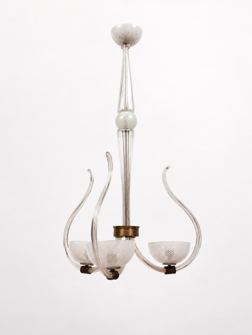 THREE-ARM BLOWN GLASS CHANDELIER, circa 1940s (1 of 1)