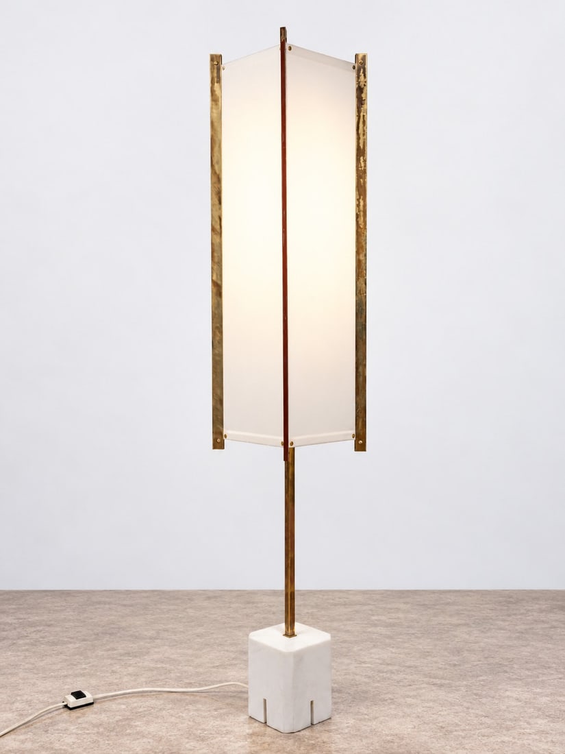 Ignazio Gardella (Milano 1905 - 1999), FLOOR LAMP, MODEL LTE12, circa 1961: h cm 180 x l cm 30 x w cm 30 Marble base, brass structure, and fabric shades. Produced by Azucena, Italy.Catalogue notes:for the model, see Domus, no. 378, May 1961, p. 180.