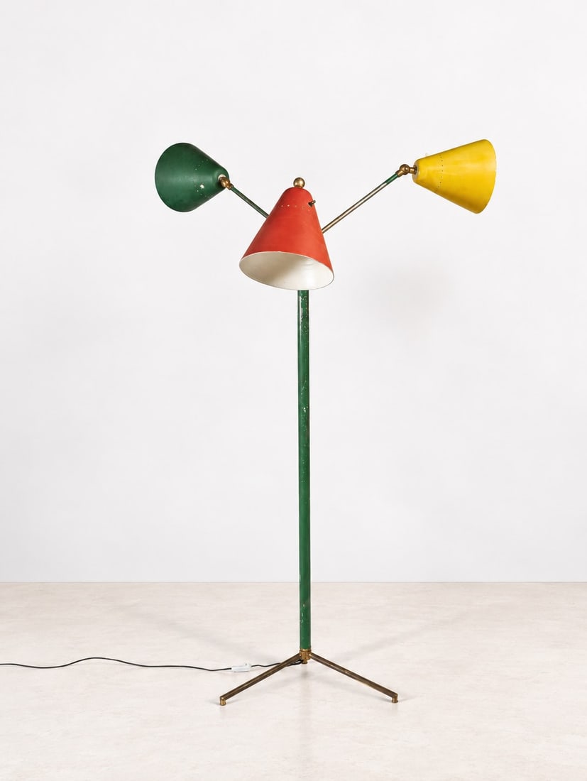 THREE-LIGHT FLOOR LAMP, circa 1950s: h cm 180 x l cm 100 Brass and painted metal frame with adjustable polychrome lacquered metal shades. Italian production.