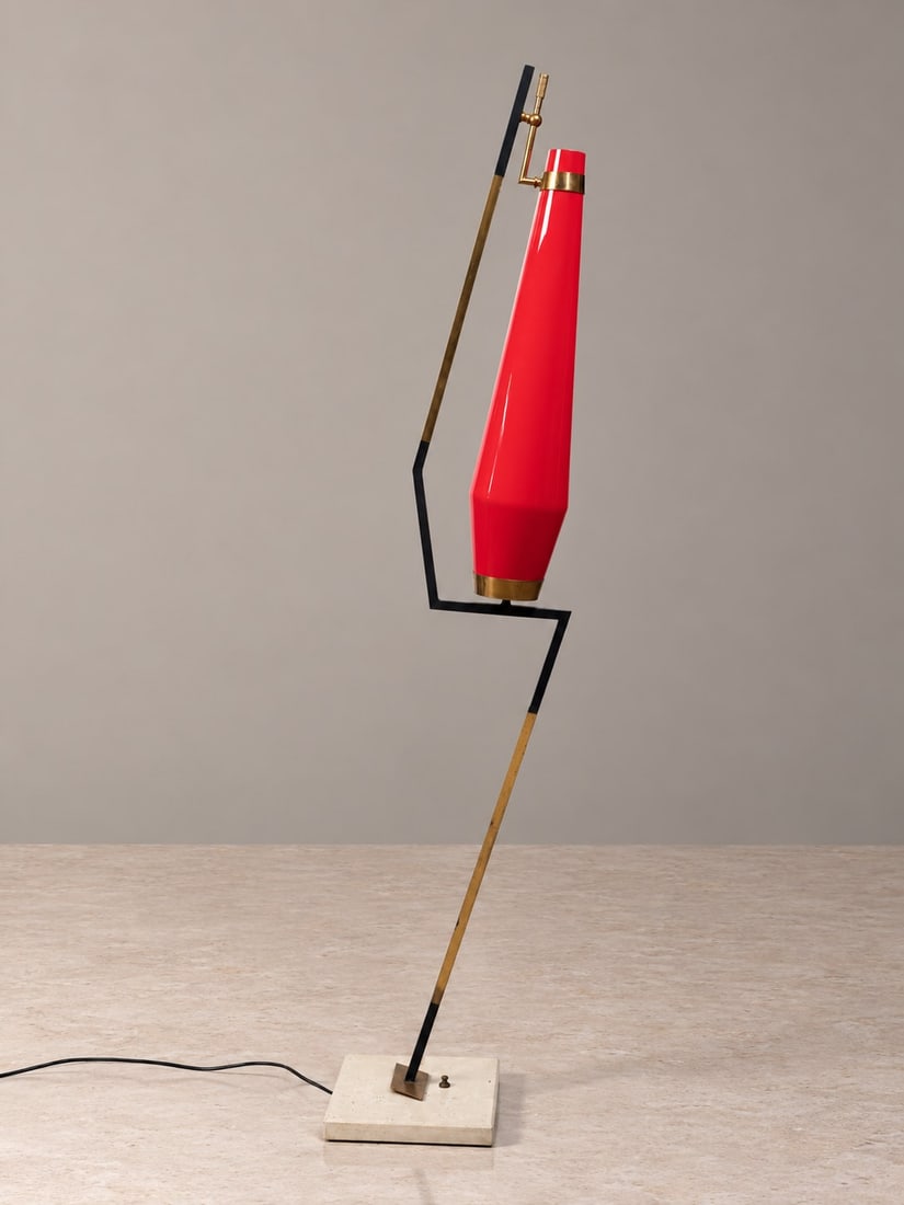 Gino Vistosi (Murano 1915 - 1980), FLOOR LAMP, circa 1950s: h cm 157,5 Painted metal and brass structure with marble base. Red satin glass shade. Produced in Italy.