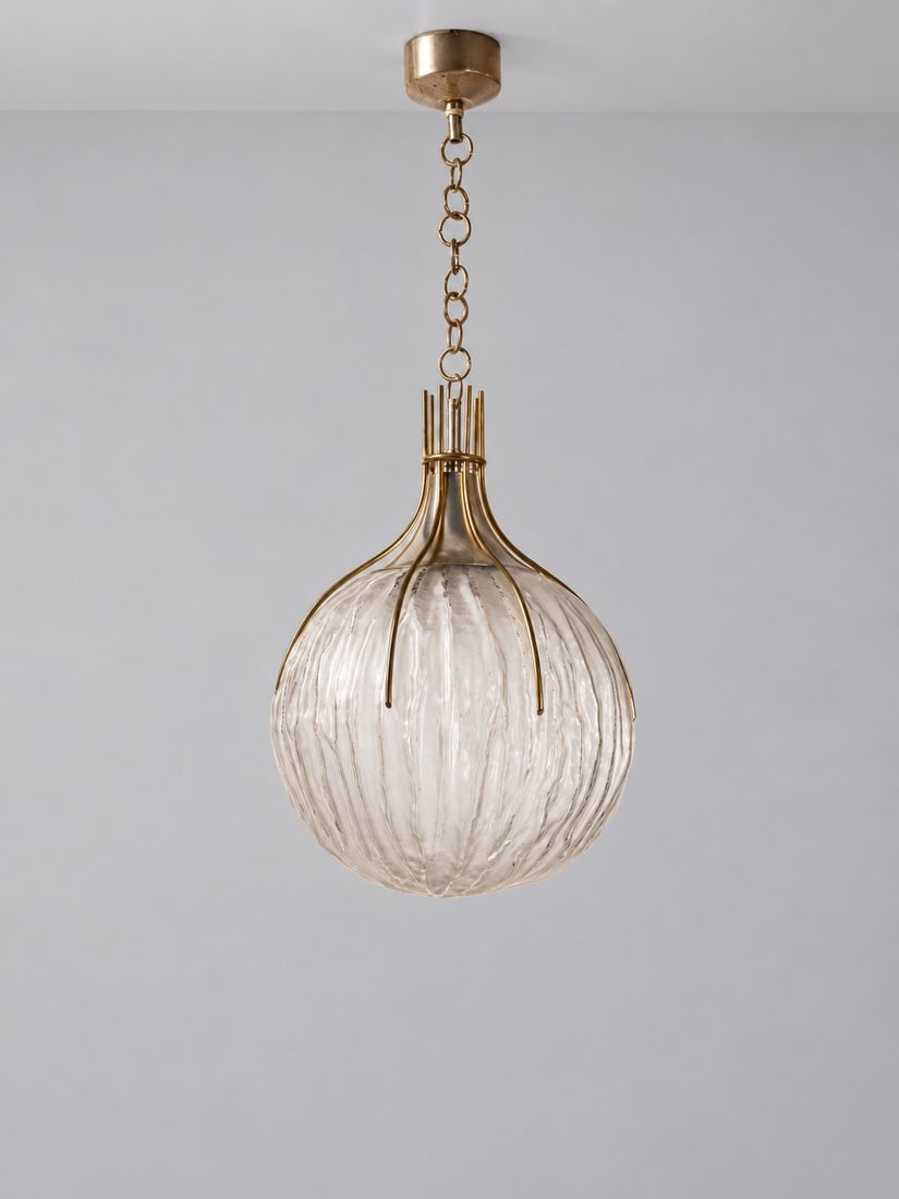 Angelo Brotto (Venezia 1914 - 2002), PENDANT LAMP, circa 1960s: h 70 x d 30 cm Nickel-plated brass and glass. Produced by Esperia, Italy.