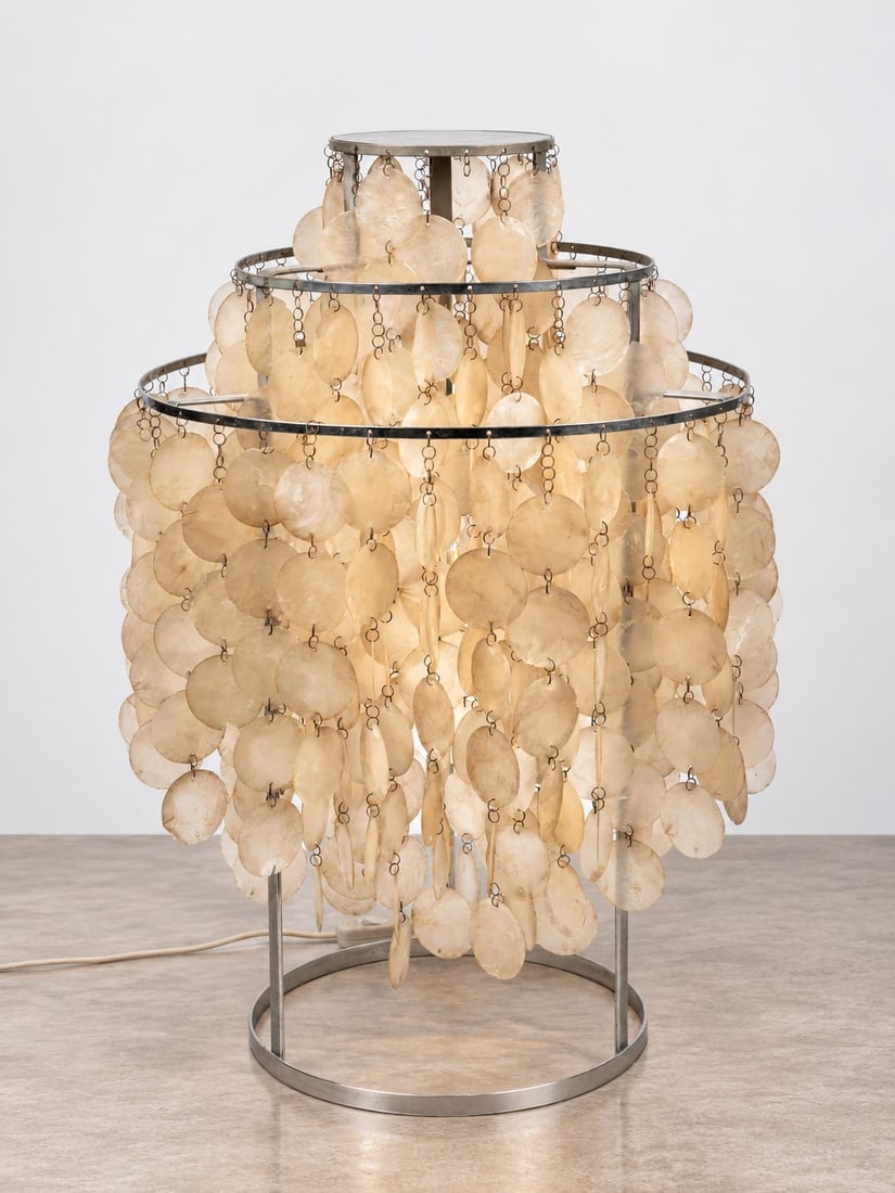 Verner Panton (Gamtofte 1926 - 1998), FUN 1TM TABLE LAMP, circa 1970s: h cm 61,5 x d cm 40 Metal and mother-of-pearl, J. Lüber production, Switzerland, (some discs missing).
