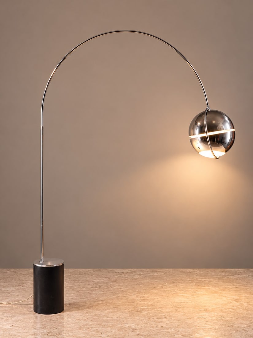 F. Alvis, "FUCHS" FLOOR LAMP, circa 1970s: h cm 238 x l cm 180 x w cm 32 Cast iron base and metal lampshade. Manufactured by Sagim, Italy.