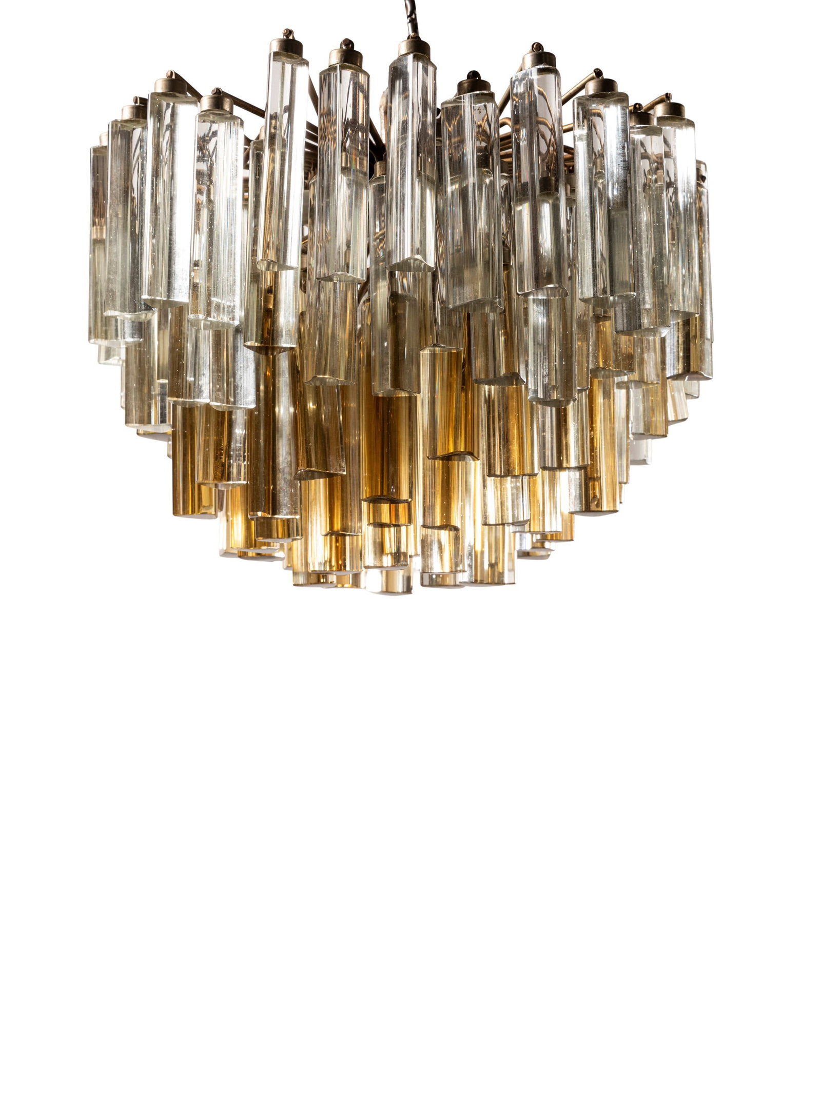VENINI, PENDANT LAMP , circa 1970s: h cm 38 x l cm 44 x p cm 44 From the "Trilobo" series. Chromed metal rod frame and amber Murano glass trilobed pendants. Produced by Venini, Murano, Italy.
