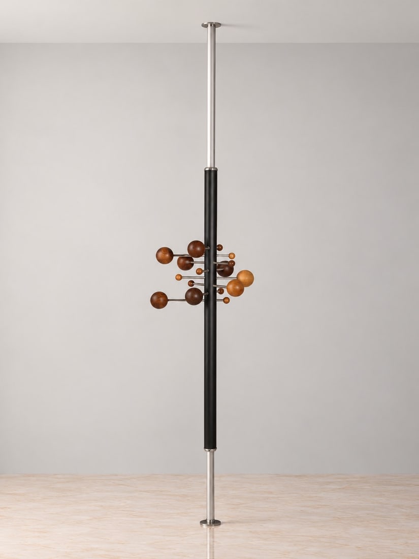 Osvaldo Borsani (Varedo 1917 - 1985), "AT16" COAT RACK, circa 1960s: from h cm 270 to cm 320 x d cm 69 Painted and chromed metal, turned wood elements. Produced by Tecno, Italy.Catalogue notes:See the example published in: Giampiero Bosoni, Tecno: The Discreet Elegance