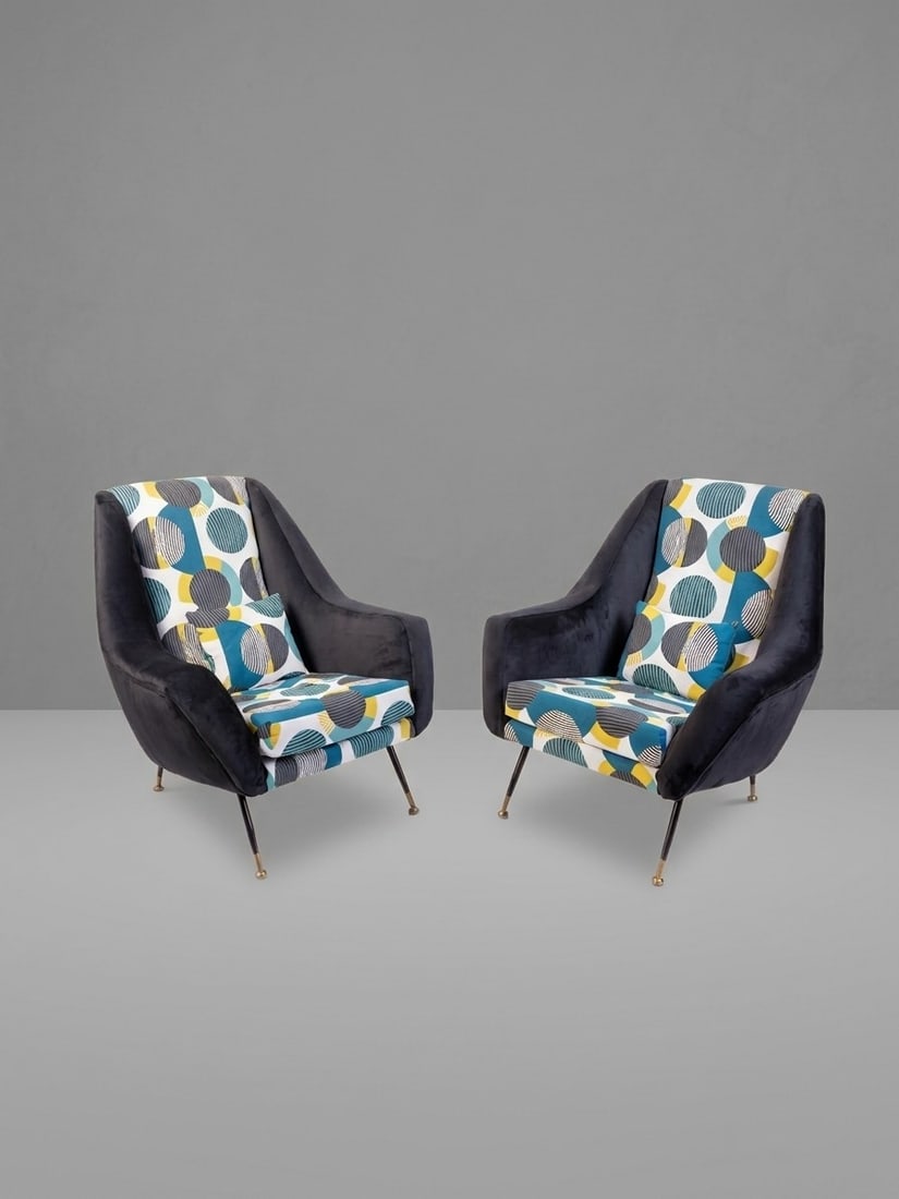 Gigi Radice (1924 - 2002), ARMCHAIRS, circa 1950s: h cm 90 x l cm 85 x w cm 85 Pair. Iron and brass legs with space-age-style upholstery. Manufactured by Minotti, Meda, Italy.