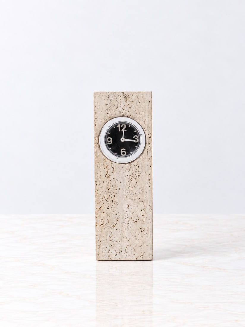 Fratelli Mannelli, TABLE CLOCK, circa 1970s: h cm 29 x l cm 10 x w cm 7,5 Travertine, manufacturer's label on the base. Manufactured by UP & UP, Massa-Carrara, Italy.