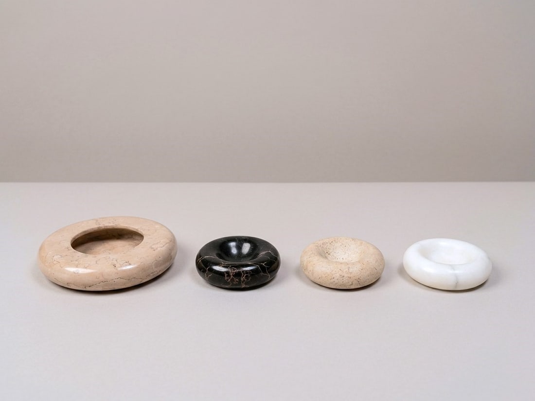 Pier Alessandro Giusti & Egidio Di Rosa, ASHTRAYS, circa 1970s: From h cm 3 x d cm 8,5 To h cm 4 x d cm 19 Set of four. Polychrome marbles, of various sizes. Manufacturer's label. Up & Up production, Italy.