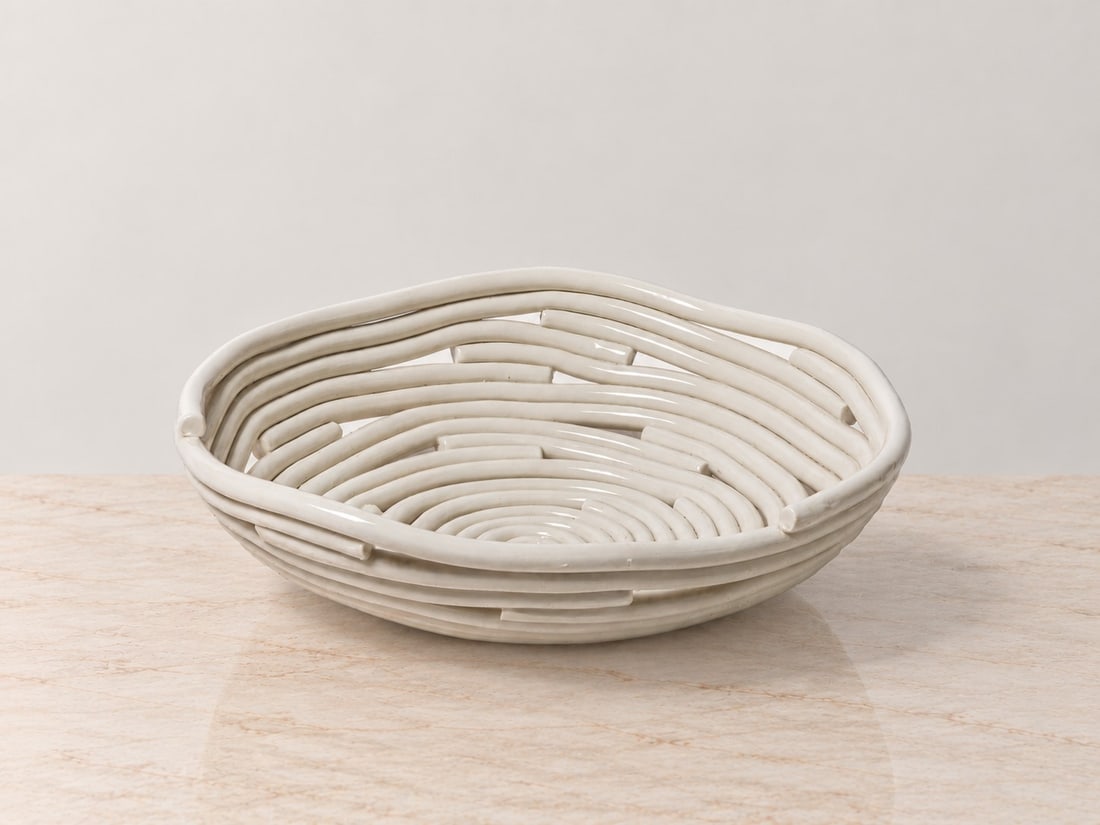 Enzo Mari (Cerano 1932 - 2020), "SAMOS" CENTERPIECE, MODEL B, 1973: d cm 26 Glazed porcelain. Signed, dated and with manufacturer's mark to the underside. Produced by Danese, Italy.