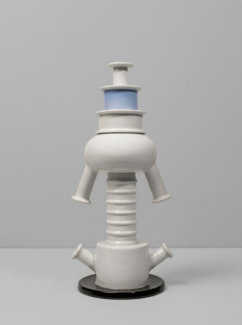 Ettore Sottsass (Innsbruck 1917 - 2007), "TIGRIS" VASE, circa 1983: h cm 40 x d cm 15,5 Glazed porcelain decorated in polychrome. Produced for Memphis Milan, executed by Porcellane San Marco, Nove, Bassano, Italy. Signed under the base.Catalogue notes:See the example