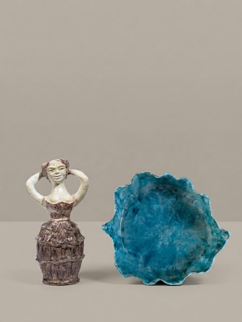 Angelo Ungania (Faenza 1905 - 1996), FIGURAL VASE AND BOWL, circa 1960s: h (vase) cm 39,5; d (bowl) cm 30 ca. Polychrome glazed terracotta. Manufacturer's mark on the underside.
