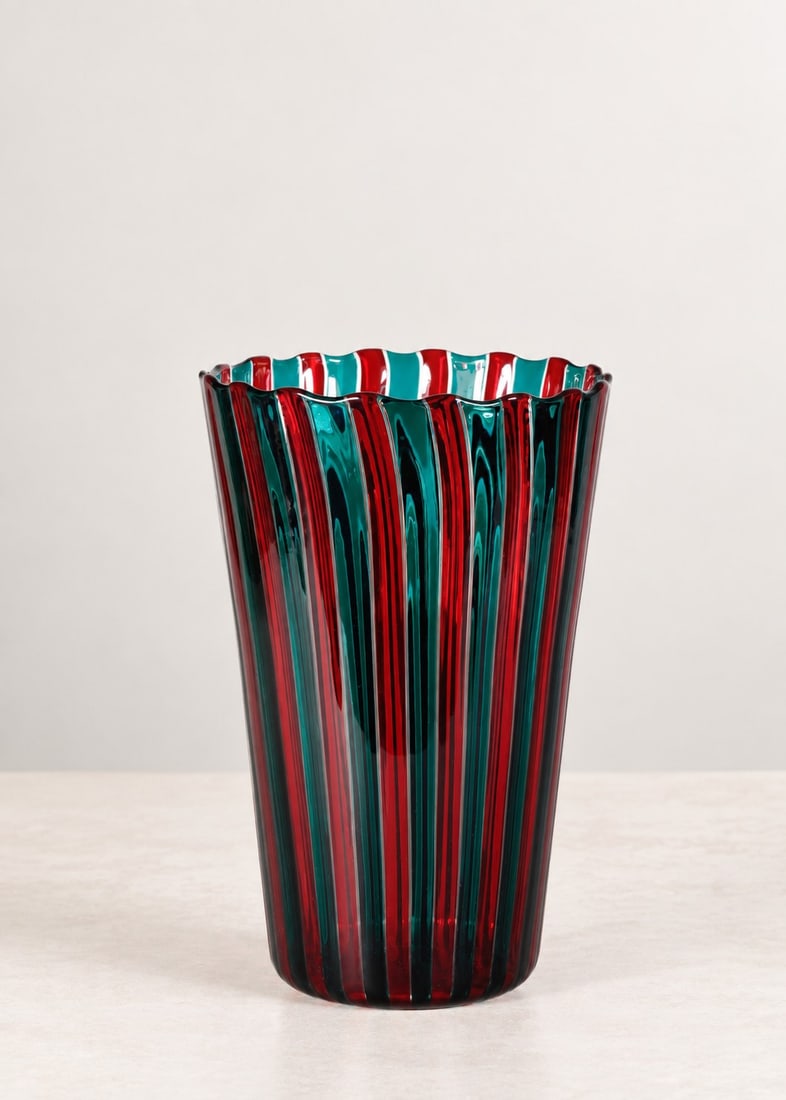 VENINI, "A CANNE" VASE, 2004: h cm 28 x d cm 18,5 Two-tone blown glass. Signed and dated to the underside. Complete with the original box. Produced by Venini, Murano, Italy.