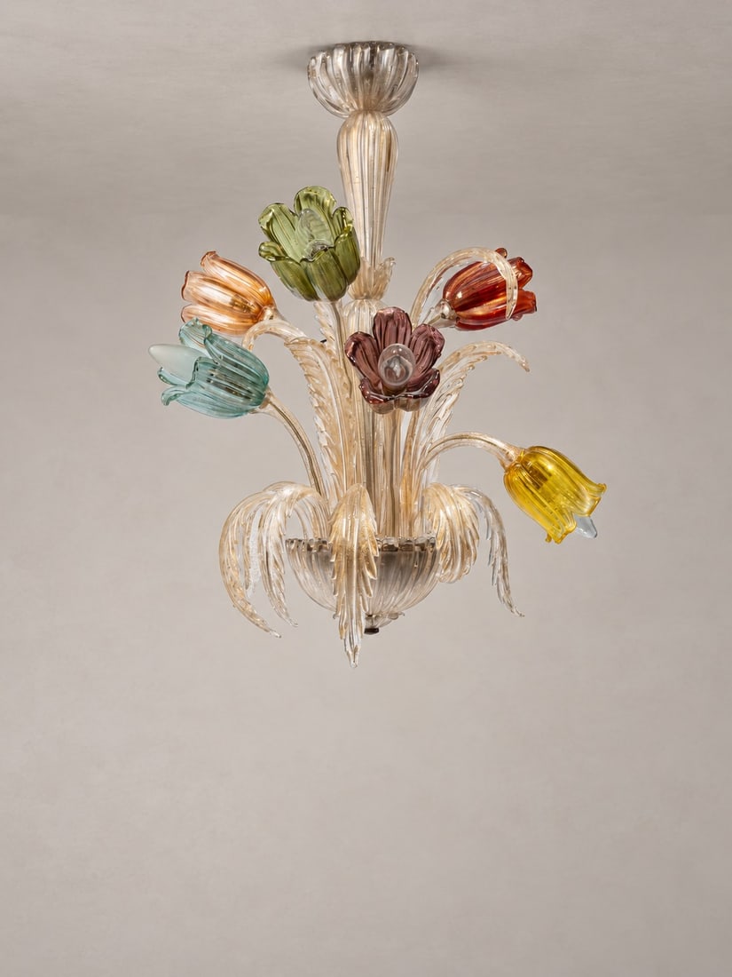 Seguso, SIX-LIGHT CHANDELIER, circa 1970s: h cm 100 Polychrome blown glass with hot-worked flowers and leaves. Produced by Seguso, Murano, Italy.Note: accompanied by one spare arm.