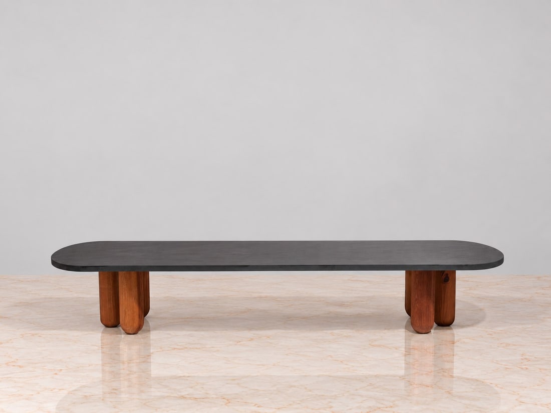 Giulio Lazzotti (Pietrasanta 1943 - 2024), "TRITRIBILLO" BENCH, circa 1970: h cm 37 x l cm 220 x p cm 45 Solid Russian pine and anthracite stone. Produced by Casigliani, Italy.