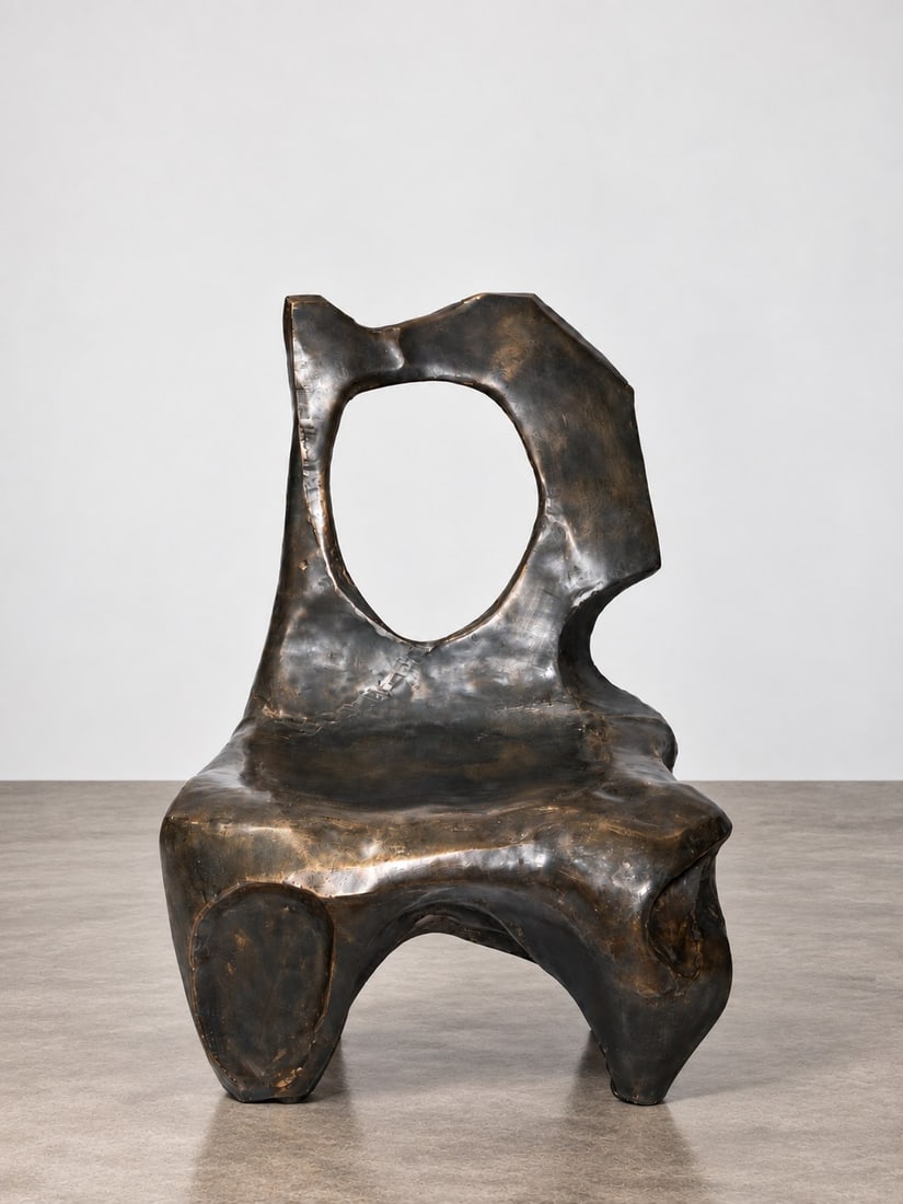 Sido & François Thévenin, "CRYPTO" SERIES ARMCHAIR, 1985: l cm 53 x h cm 67 x w cm 47 Lost-wax cast bronze. Etched signature to the reverse: "Sido & François Thévenin for Sawaya & Moroni". Produced by Sawaya & Moroni, Italy.