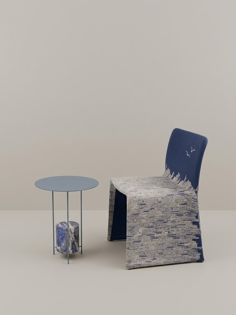 Ron Gilad, Patricia Urquiola & Marta Ferri, "GLOVE" CHAIR AND "PANNA COTTA" SIDE TABLE, 2000s: Chair: h cm 80 x l cm 44 x w cm 44; table: d cm 40x h cm 50 Marble, iron and fabric. Designed by Marta Ferri for Molteni&C. "Sky-Line" chair decoration created in 2016 for Luisaviaroma on the occasion