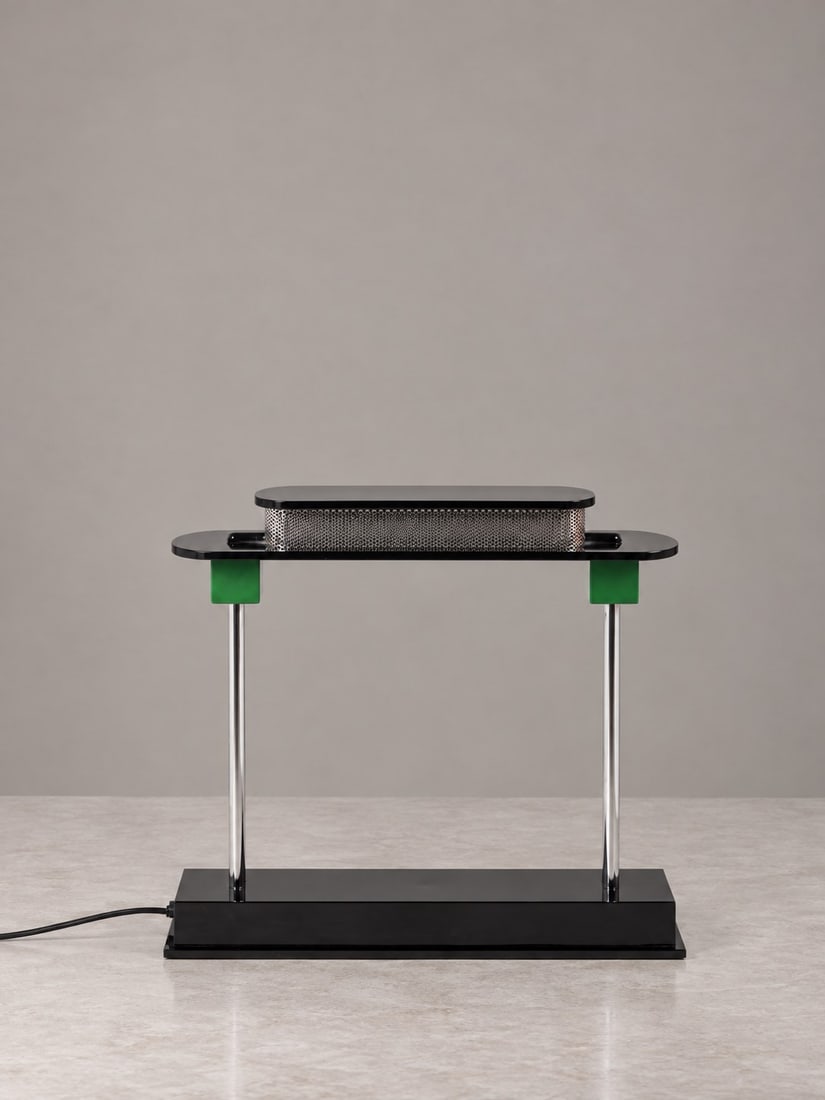 Ettore Sottsass (Innsbruck 1917 - 2007), "PAUSANIA" TABLE LAMP, circa 1990s: h cm 43 x l cm 48 x p cm 11 Methacrylate, resin, and metal, manufactured by Artemide, Italy.