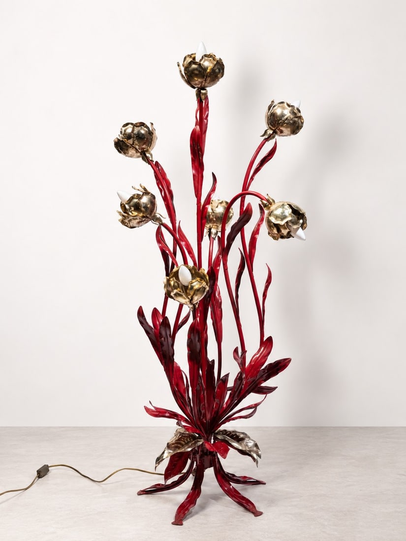Hans Kögl, FLOOR LAMP, circa 1970s: h cm 137 x l cm 56 Red-painted metal leaves and gilt metal flowers. Produced by Hans Kögl, Germany.
