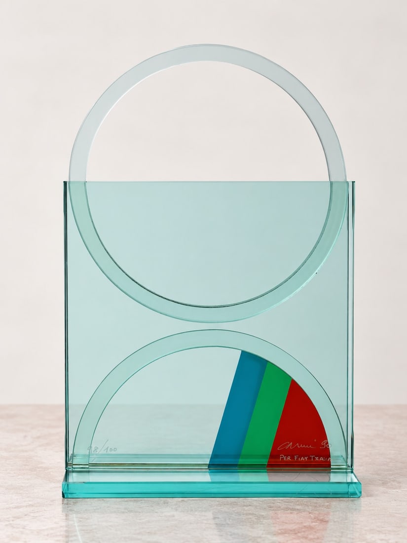 Eugenio Carmi (Genova 1920 - 2016), SCULPTURE, 1990: l cm 26 x h cm 40 Clear and colored glass elements with screen-printed decoration. Produced by FIAM Italia. Signed, dated, and numbered 98/100.