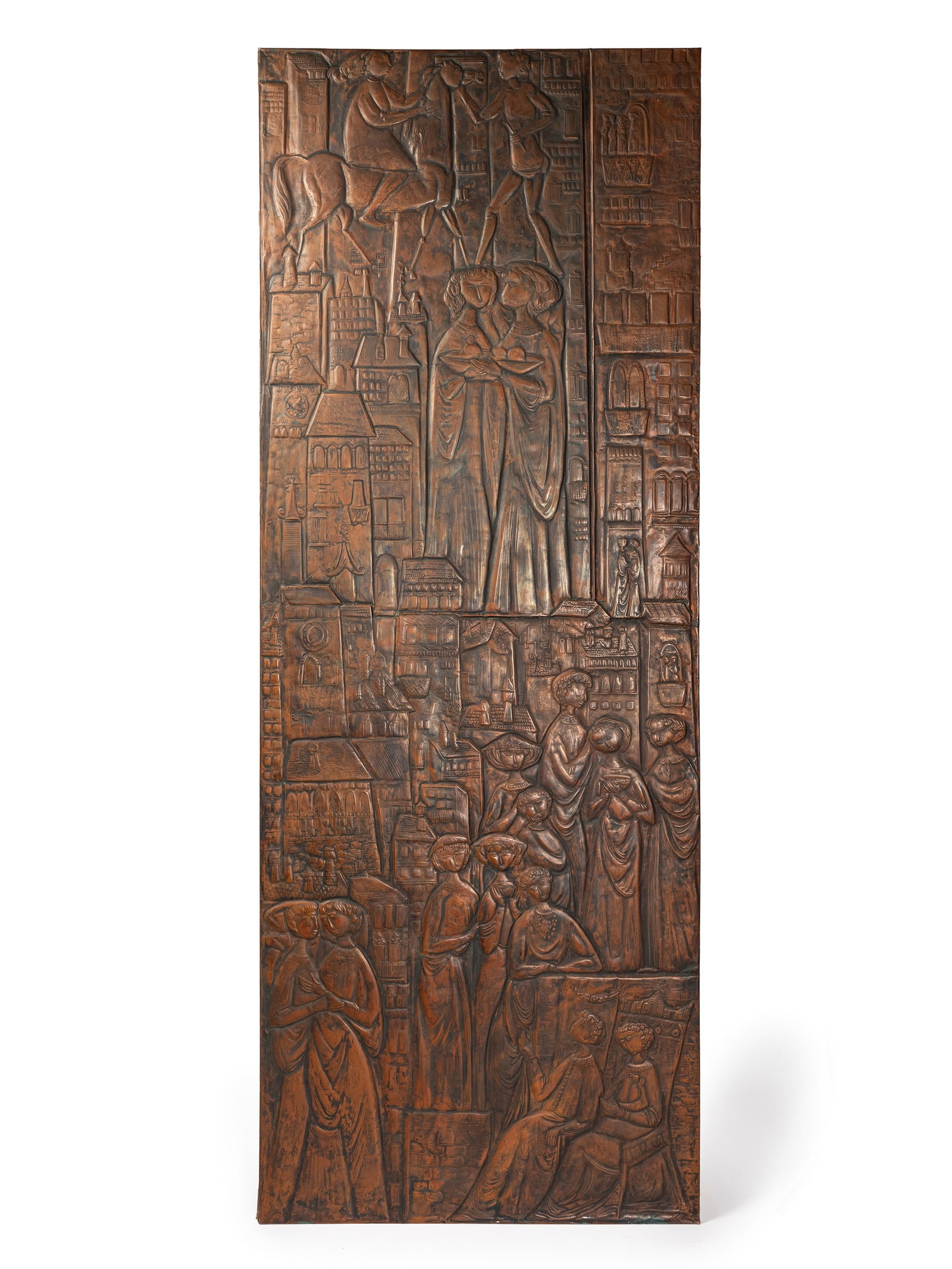 Romano Rui (1915 - 1977), COPPER BAS-RELIEF, circa 1960s: h cm 200 x l cm 75 Worked in repoussé and depicting a procession of figures. Signed R. Rui.