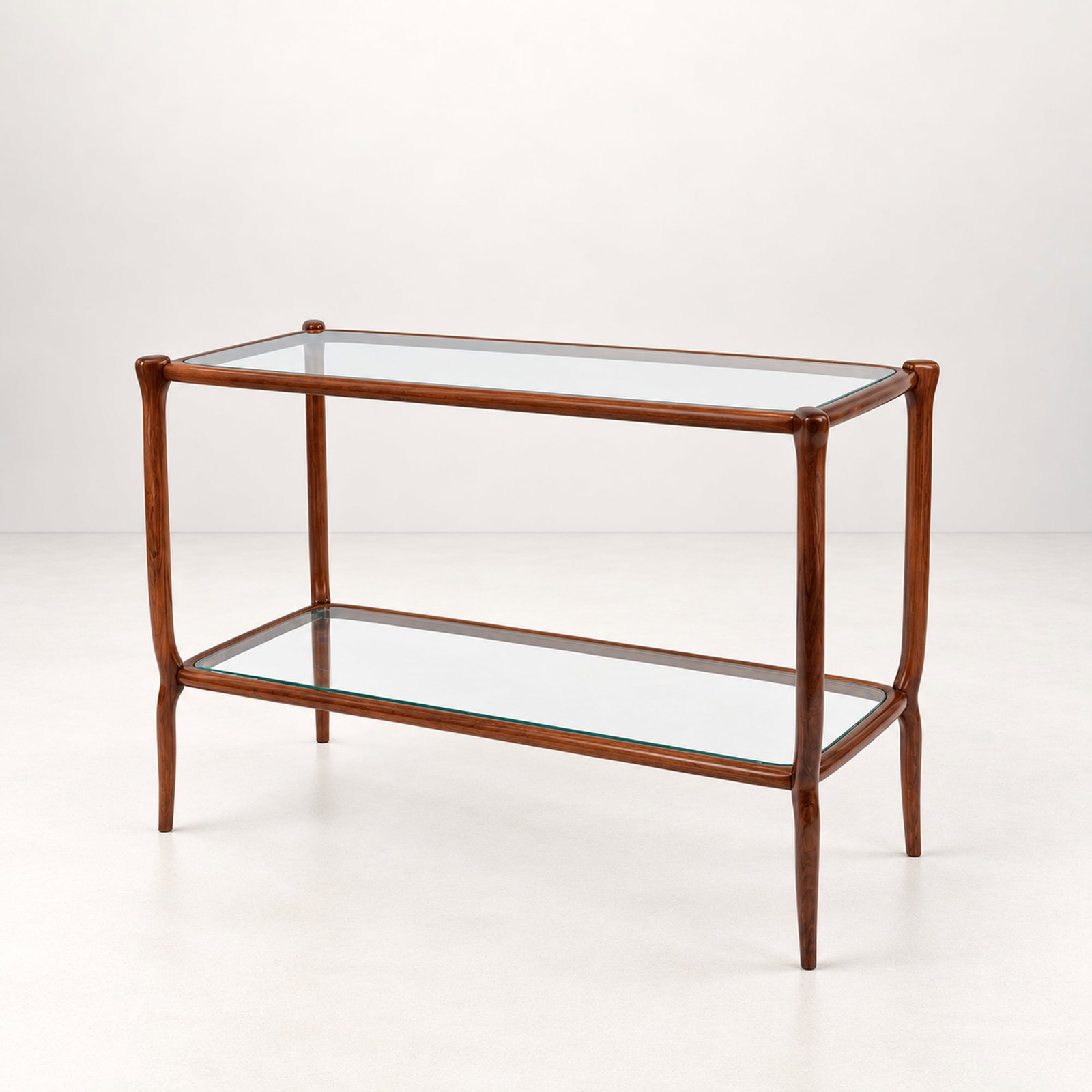 (Attribuibile a) Giuseppe Scapinelli, TWO-TIER SIDE TABLE, circa 1950s: l cm 87 x h cm 62 x w cm 38 Solid wood frame with two glass shelves. Brazilian production.
