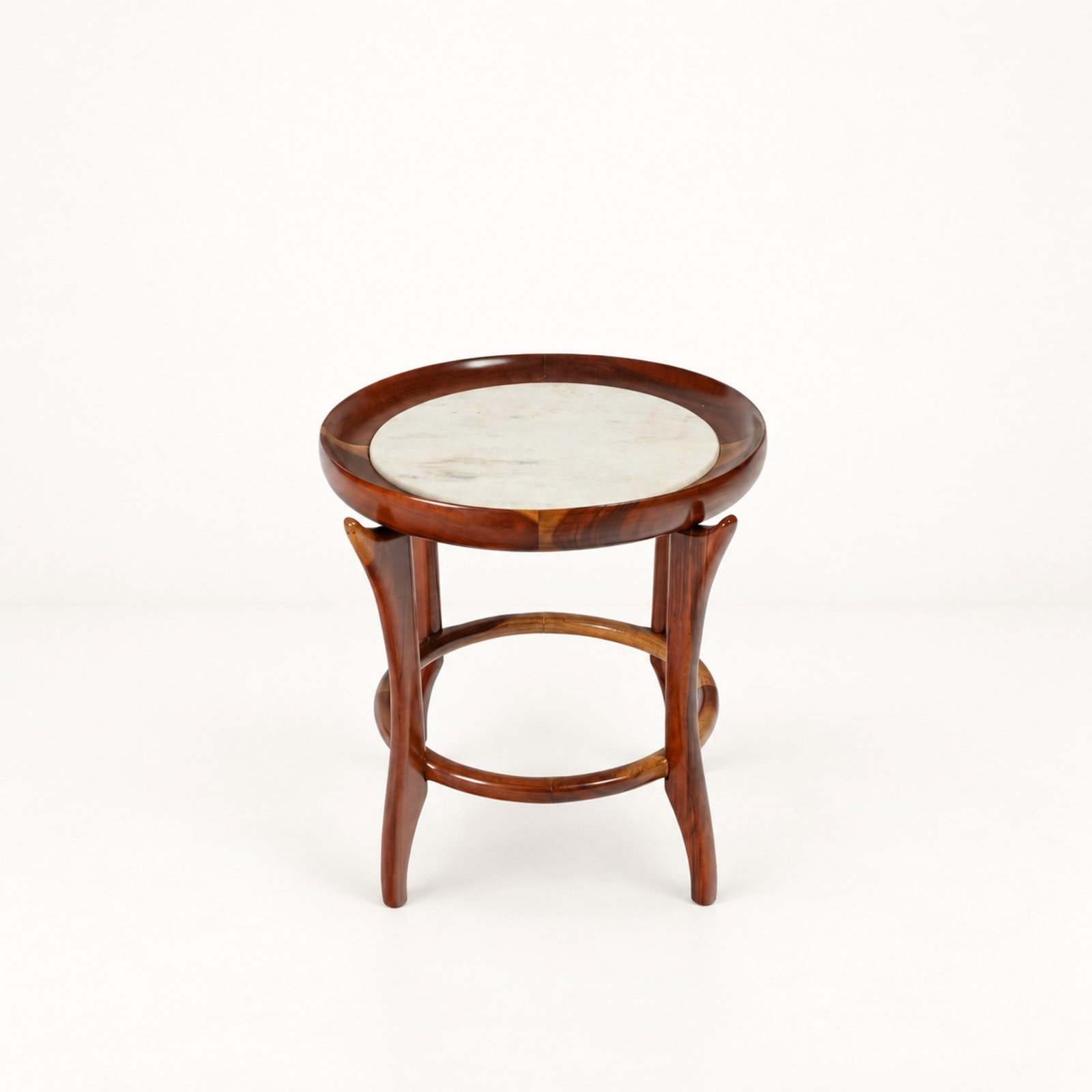 Giuseppe Scapinelli (Modena 1891 - 1982), "MARACANÃ" SIDE TABLE, circa 1960s: h cm 47 x d cm 51 Solid wood with circular marble top. Designed by Giuseppe Scapinelli, Brazilian production.