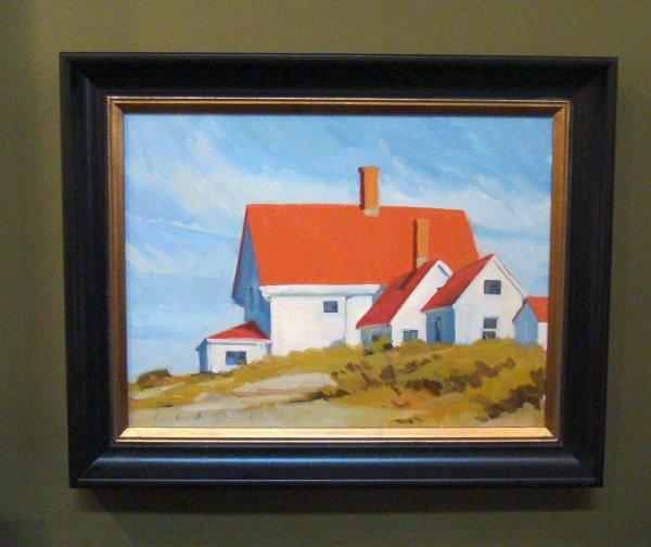 Plein Air Artist Daniel Aldana Original Oil: Beautiful 18x24 Horizontal cottages by award winning artist Daniel Aldana. Painted in a Edward Hopper style palette. Search artist Daniel Aldana for info and bio. This piece is framed in a closed corn