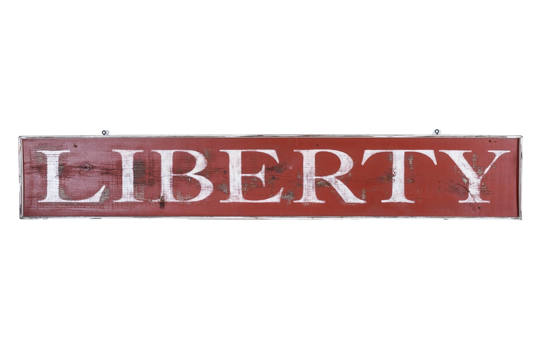 David T. Smith Wood Liberty Sign: Wonderful, large, David T. Smith wood sign that says Liberty. Distressed finish as designed. Please check the measurements.