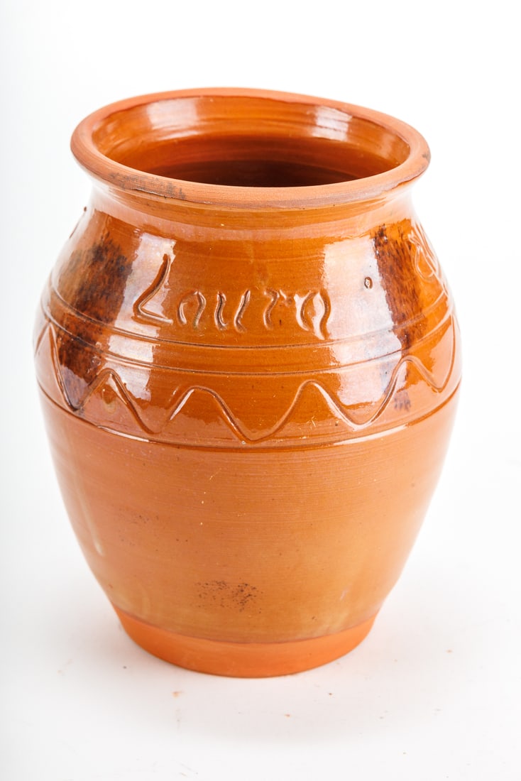 Turtle Creek Pottery by David T. Smith Vase: Taller redware David T. Smith pottery vase. 1886 and the name Laura are part of the design.