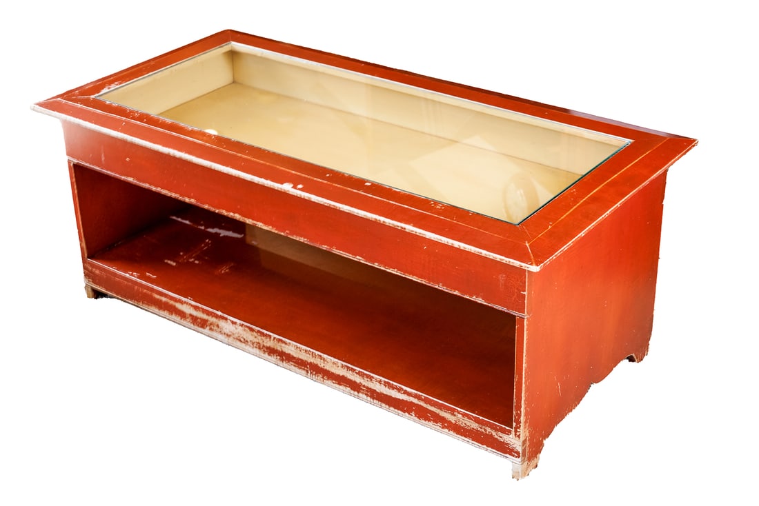 David T. Smith Coffee Table: David T. Smith coffee table with glass top. Distressed finish, signs of crazing to finish. Good overall condition, sturdy. The glass must be manually lifted up to reach the interior, the top is not on