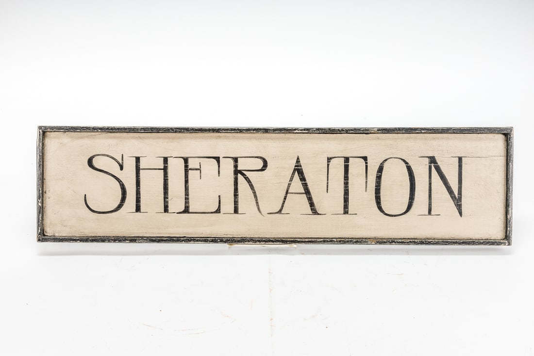 David T. Smith Workshop Sheraton Sign: David T. Smith handmade wood sign that says Sheraton. Original price tag for $70 is on back. See photos for details.