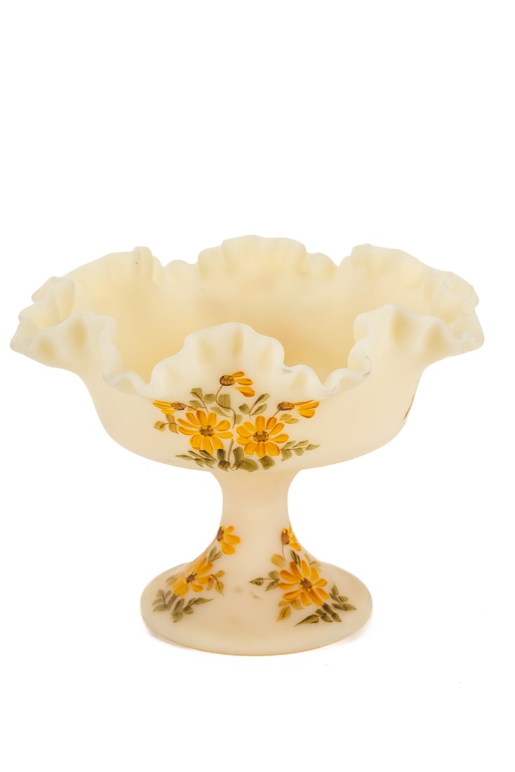 Fenton Satin Ruffled Compote with Hand-Painted Flowers (1 of 10)