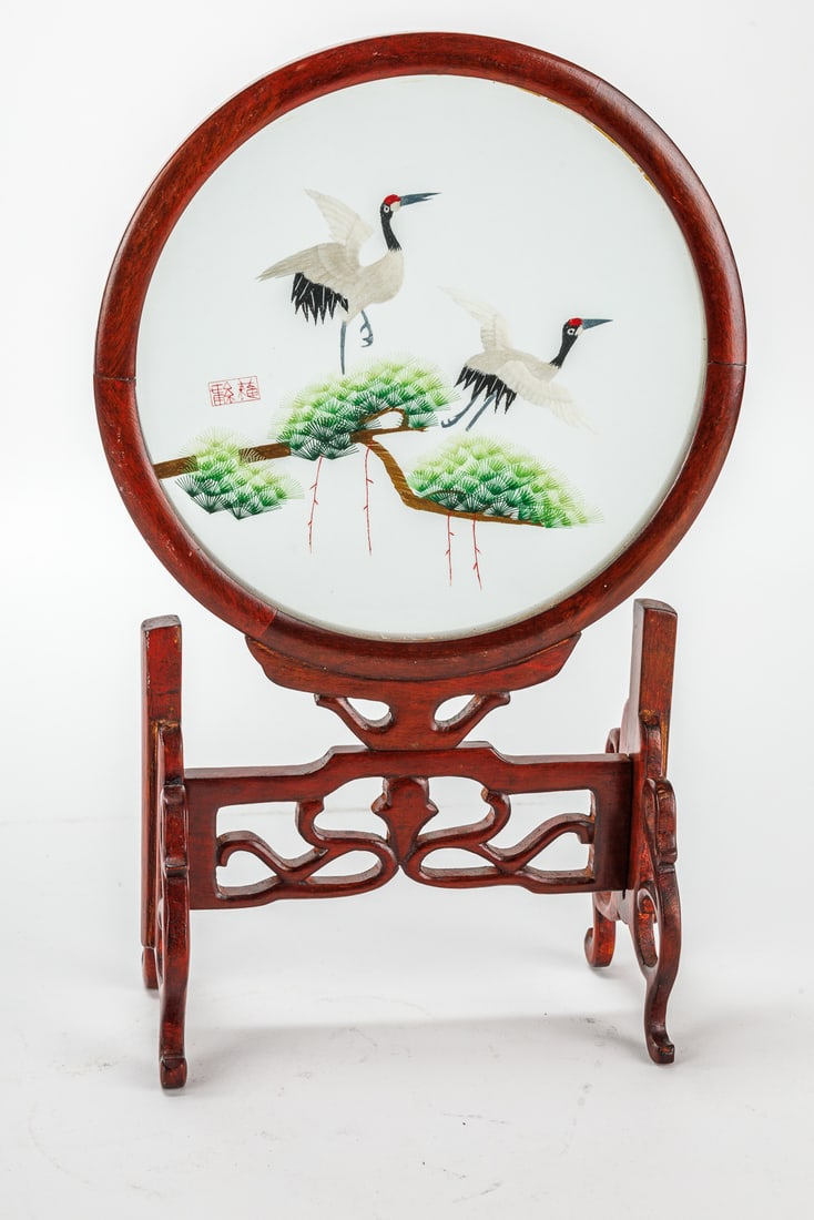 Chinese Suzhou Spun Silk Cranes: Marked Suzhou (hand-embroidery creatd around the city of Suzhou, Jiangsu, China). This art form has been around for over 2,000 years. Beautiful carved red wood base. Vintage, possibly antique. Depicts