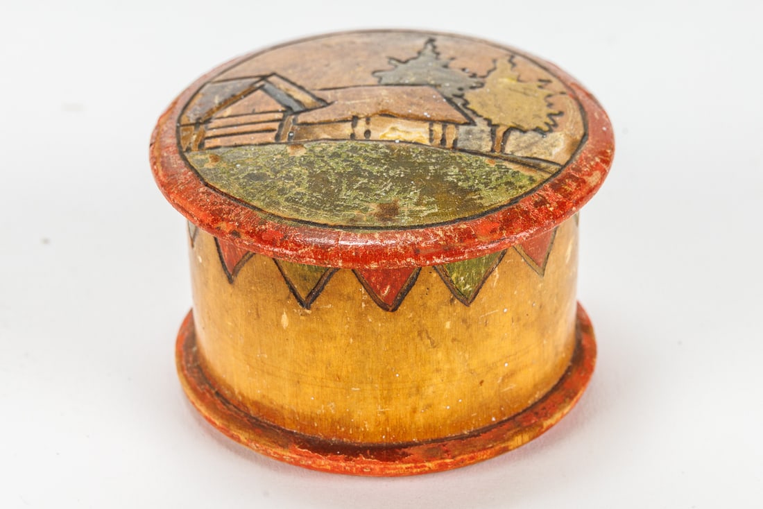 1932 Small Wood Turned Trinket Box With Handmade Drawing and Paint (1 of 6)
