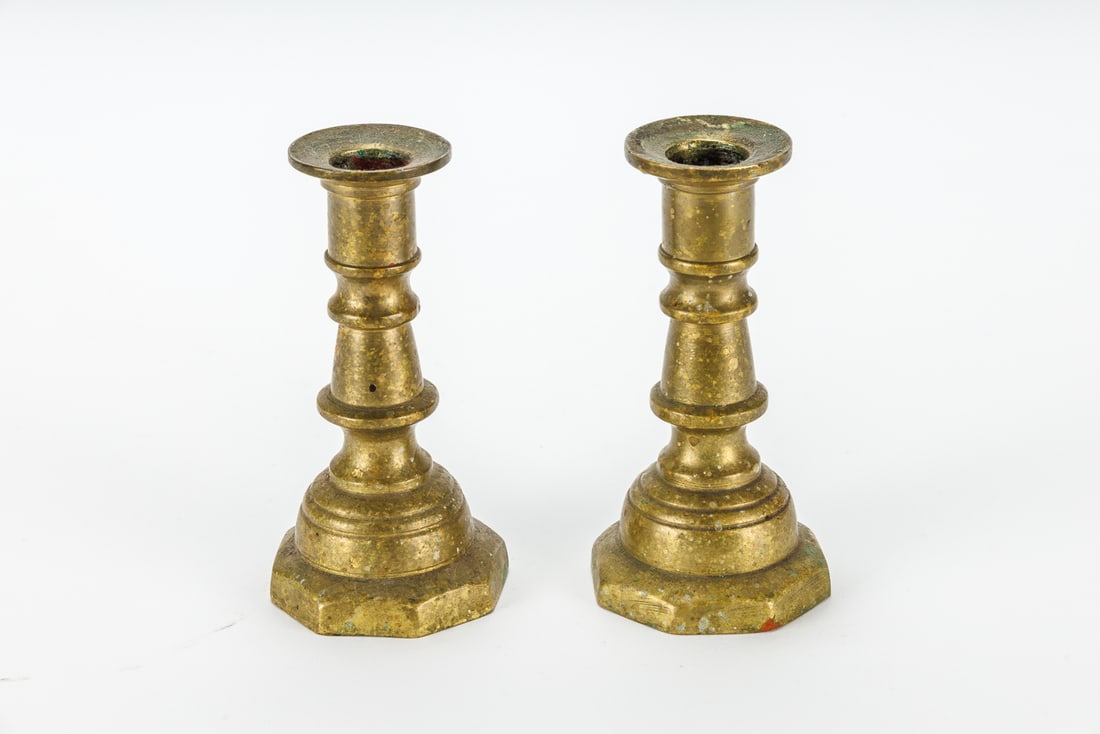 Vintage Brass Candlesticks: Vintage, possibly antique, brass candlesticks. Signs of wear to finnish consistent with age and use.