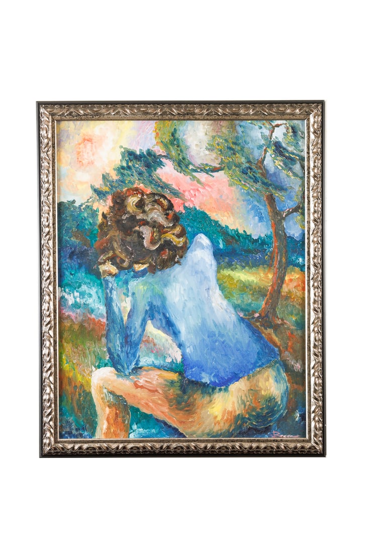 Impressionist Painting of Woman in Flower Garden: Colorful original oil painting, impressionist style with imposto. Signed in bottom right corner. Beautiful colors throughout. Minor wear to frame.