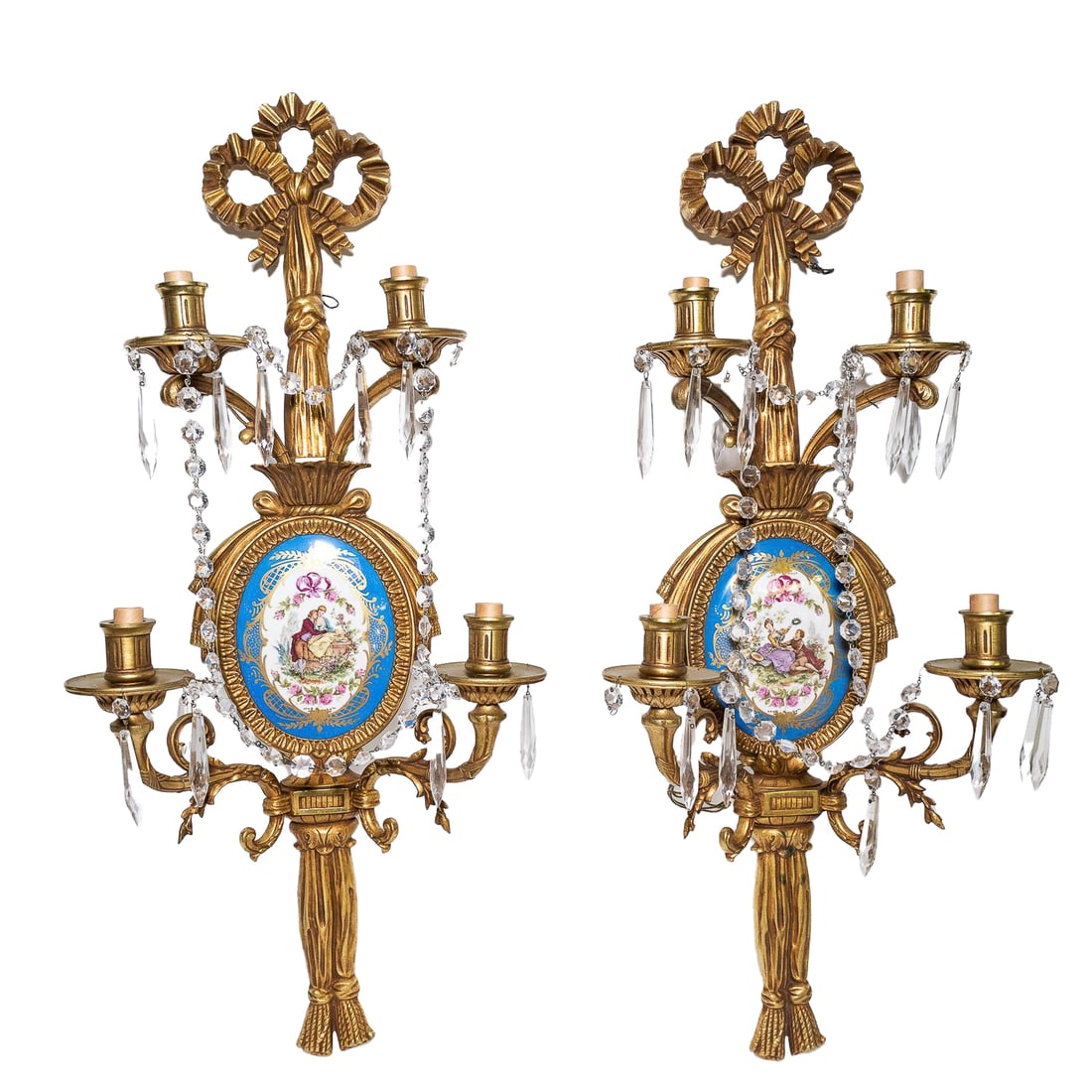 Antique French Gilt Bronze and Sevres Candle Sconces (Electric) (1 of 13)