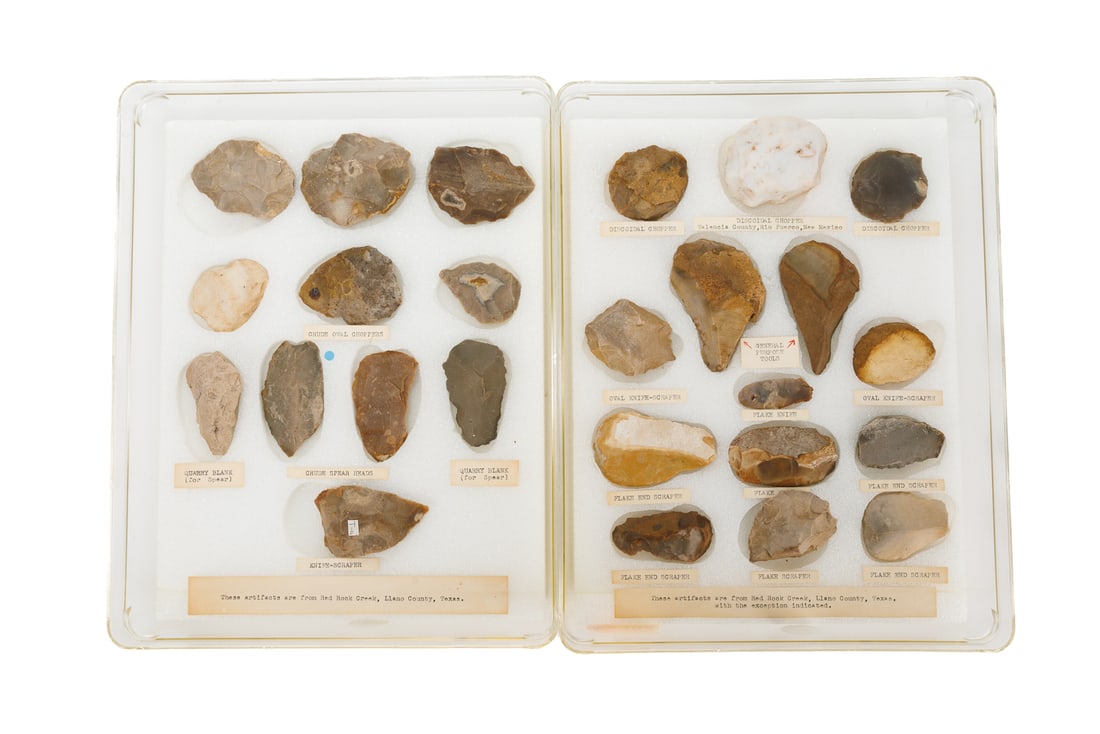 Ancient Human Stone Artifacts From Red Rock Creek, Texas: Nice set of ancient human stone tools and artifacts. Catalogued and encased. Features: discoidal choppers, general purpose tools, knife-craper, flake end scraper, quarry blank for spear, spear heads a