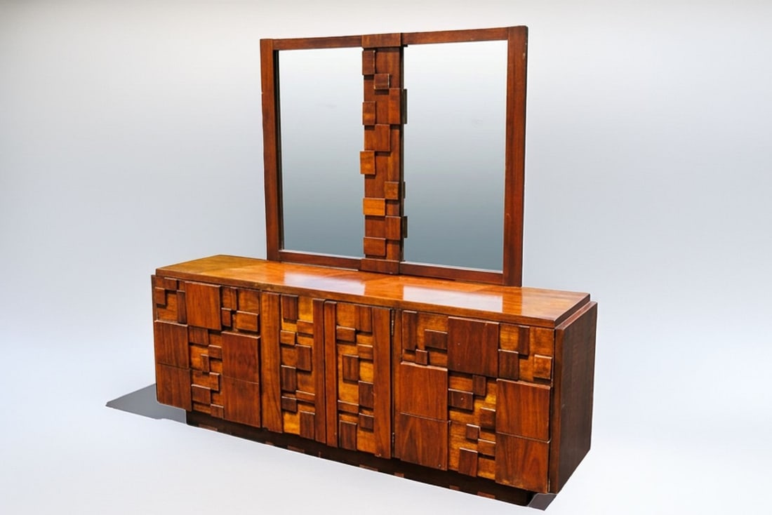 MCM Lane Staccato Brutalist Walnut 9 Drawer Dresser with Mirror (1 of 9)