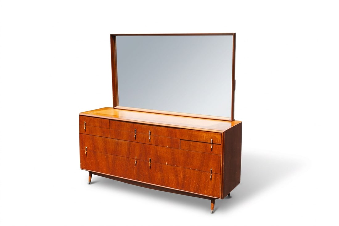 Vintage Red Lion Table Company MCM 10-Drawer Dresser with Mirror: Dated vintage, this dresser with mirror from the Red Lion Table Company showcases a classic, mid-century modern styling that highlights and accentuates any living space. This dresser features an impre