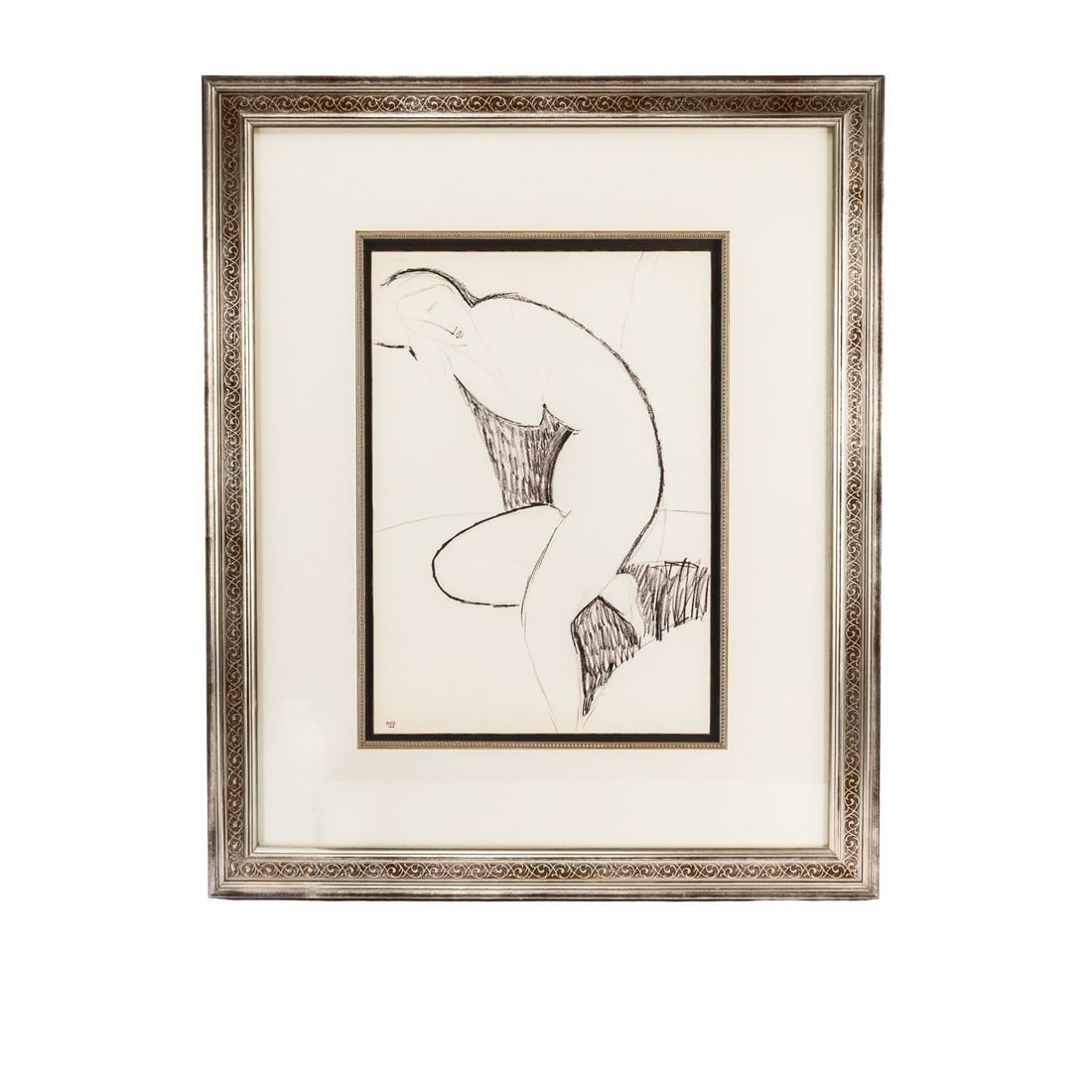 Framed Lithograph of a Female Nude - After Amedeo Modigliani (1884-1920): Lithograph printed after famed Italian artist Amedeo Modigliani (1884-1920) depicts a modernist portrait of a female nude in profile. Haptic strokes of heavy pencil add a sense of expressive texture t