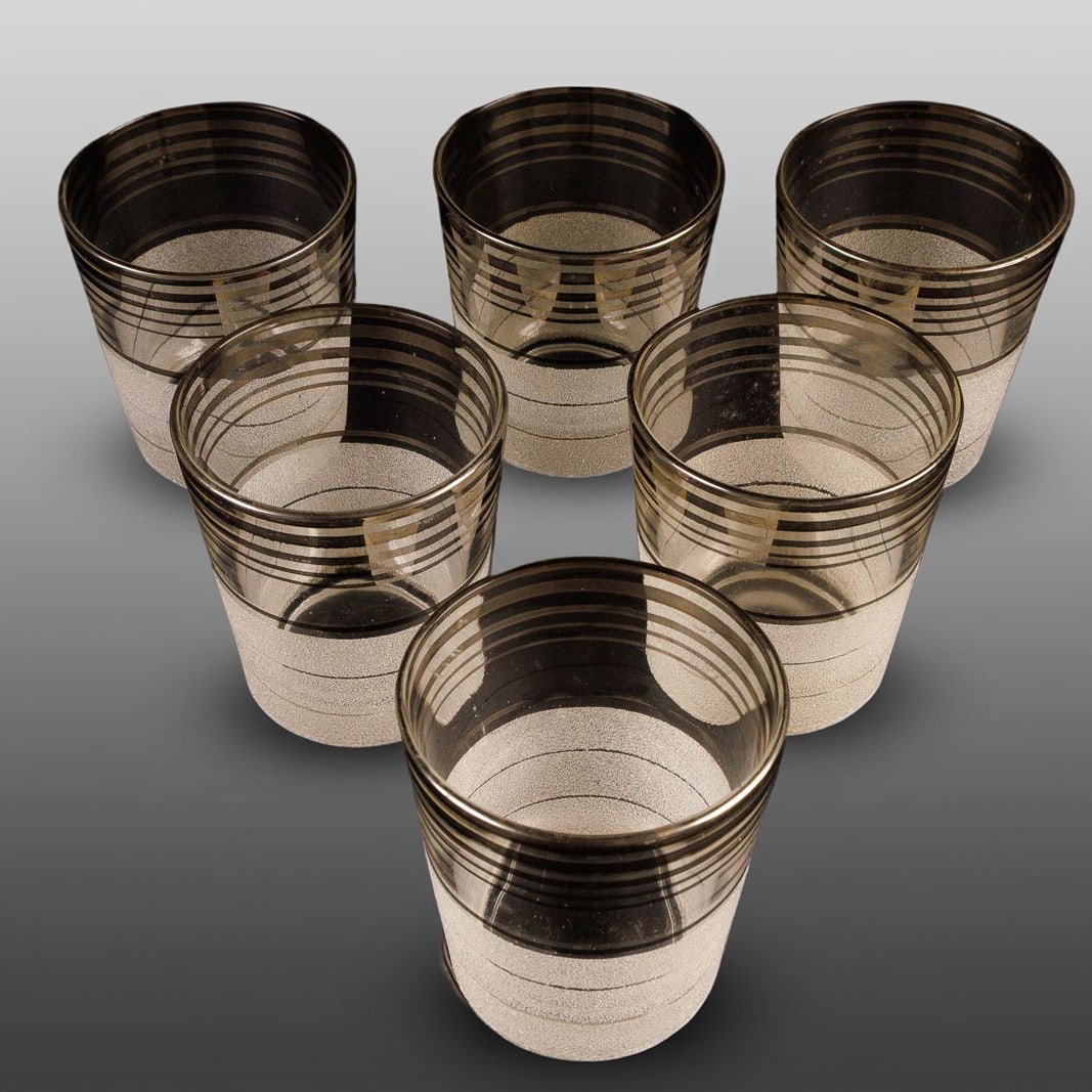 Vintage West Virginia Frost Nip Lowball Glasses: Vintage West Virginia Glass "Frost Nip" lowball cocktail glasses featuring horizontal silver bands and a frosted textured base. Some glasses have minor loss on the silver bands.?