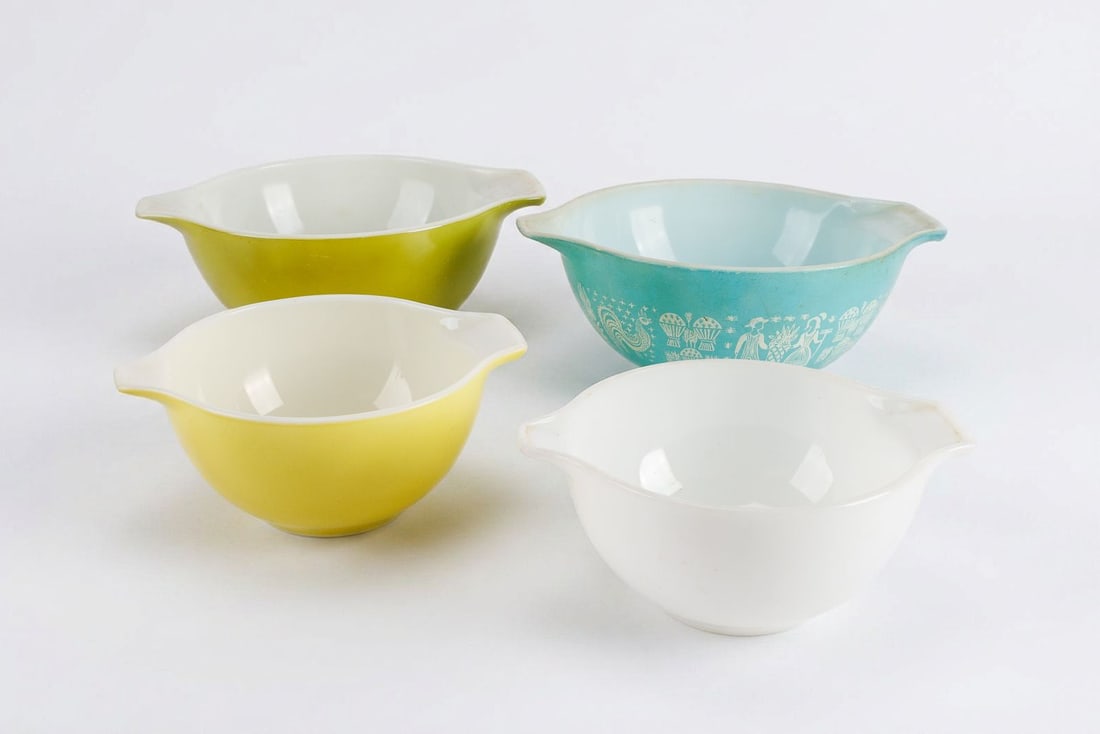 Pyrex Cinderella Bowls: Turquoise butter print #442 1.5 qt bowl with stains and scratches, lime green #442 with a few scratches, #441 1.5 pint yellow bowl with a few small scratches, and a #441 white bowl.?